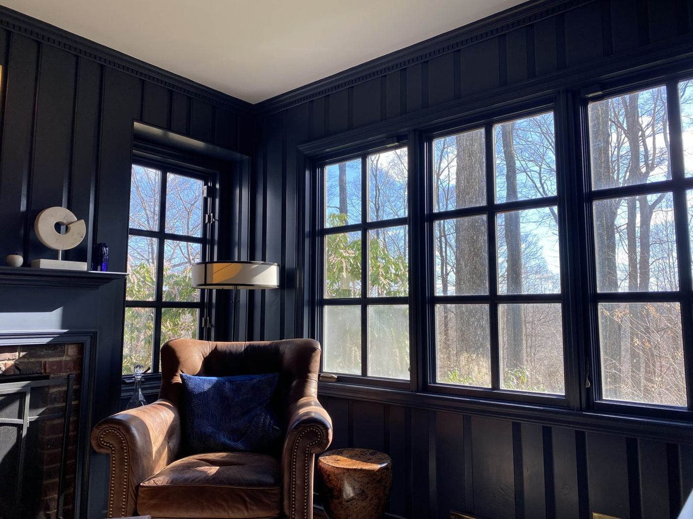 Dark painted interior paneled room with crown molding and wainscoting